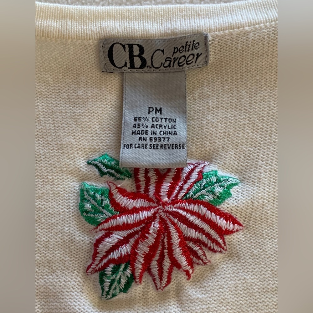 C B PETITE CAREER STITCHED & BEADED POINSETTIA CARDIGAN - PM - Picture 2 of 5